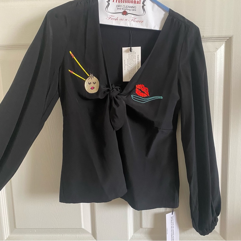 Yumi Kim 100% Black Blouse w/  Ties + Balloon Sleeves + Dumpling Lips Embroidery